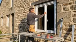 Artisan posant une fenêtre PVC en rénovation sur une maison en pierre en France