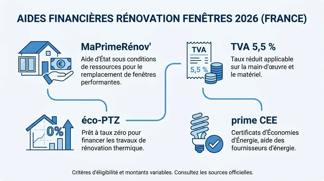 Infographie des aides financières 2026 pour le remplacement de fenêtres en France