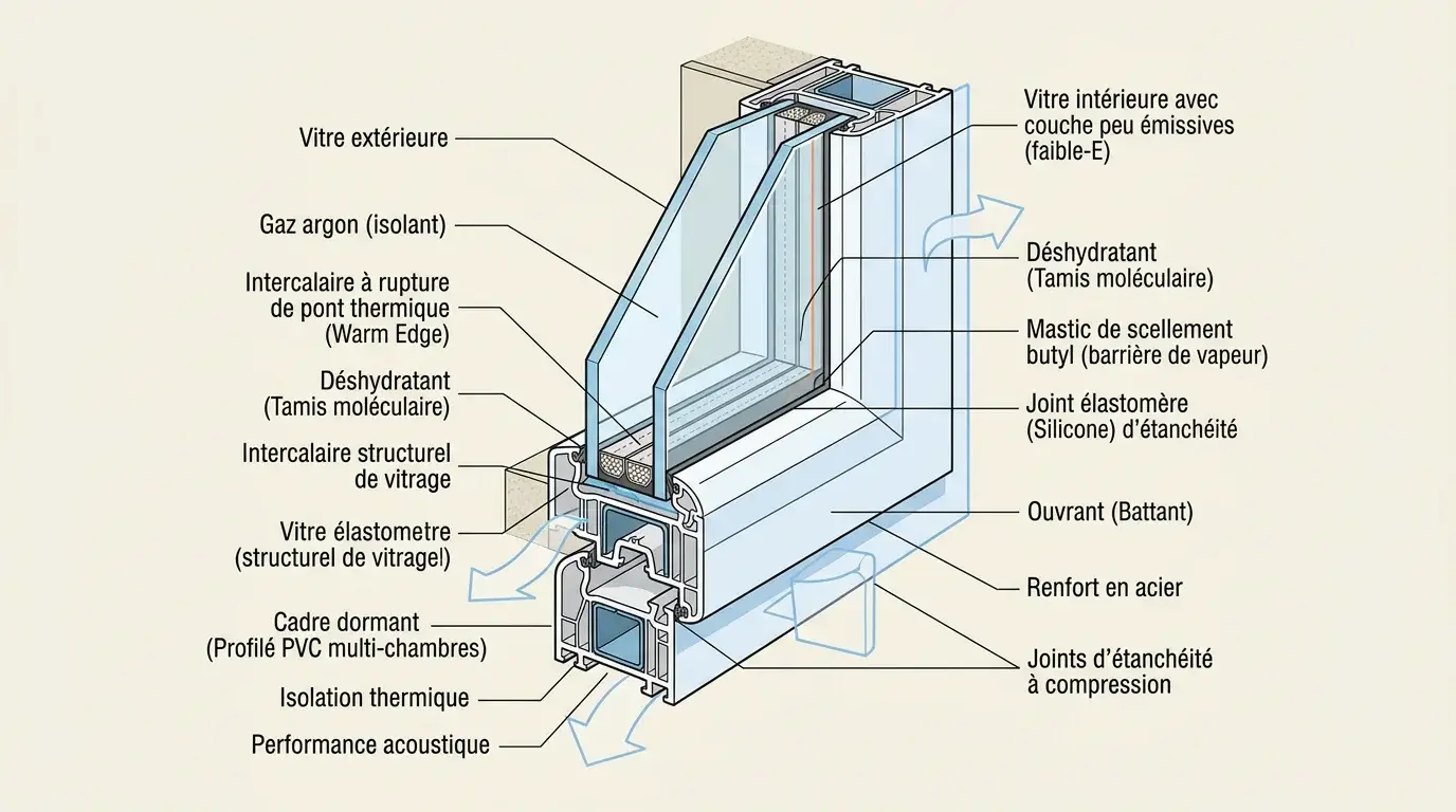 Schéma en coupe d'un double vitrage avec lame de gaz argon