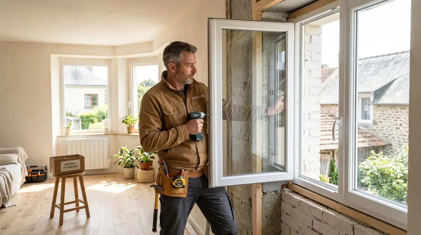 Artisan posant une fenêtre PVC double vitrage en rénovation