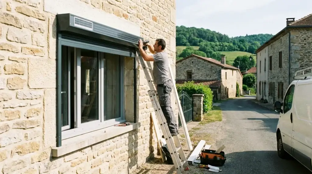 Artisan installant un volet roulant solaire sur une fenêtre de maison en pierre