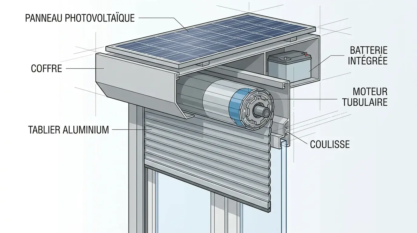 Schéma de fonctionnement d'un volet roulant solaire avec panneau photovoltaïque, batterie et moteur