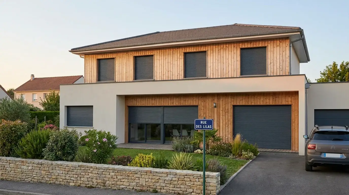 Façade de maison équipée de volets roulants solaires en aluminium gris anthracite