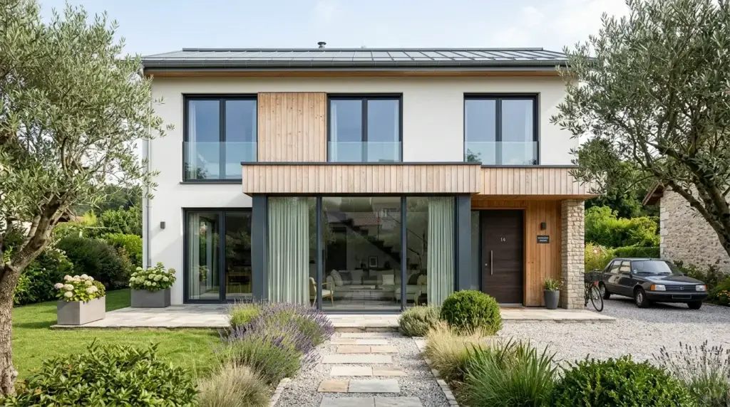 Façade de maison moderne équipée de grandes fenêtres en aluminium gris anthracite
