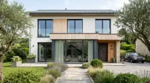 Façade de maison moderne équipée de grandes fenêtres en aluminium gris anthracite
