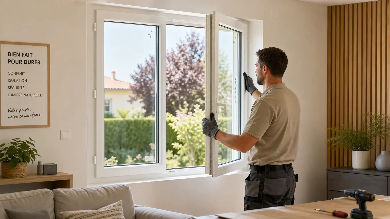 Un artisan installe une fenêtre PVC double vitrage lors d'une rénovation