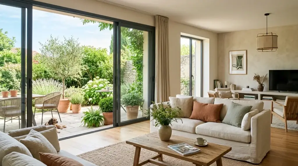 Grande fenêtre coulissante en aluminium ouvrant sur une terrasse dans un salon lumineux