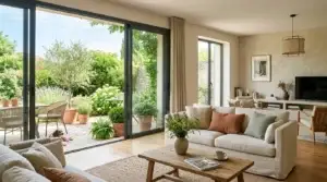 Grande fenêtre coulissante en aluminium ouvrant sur une terrasse dans un salon lumineux
