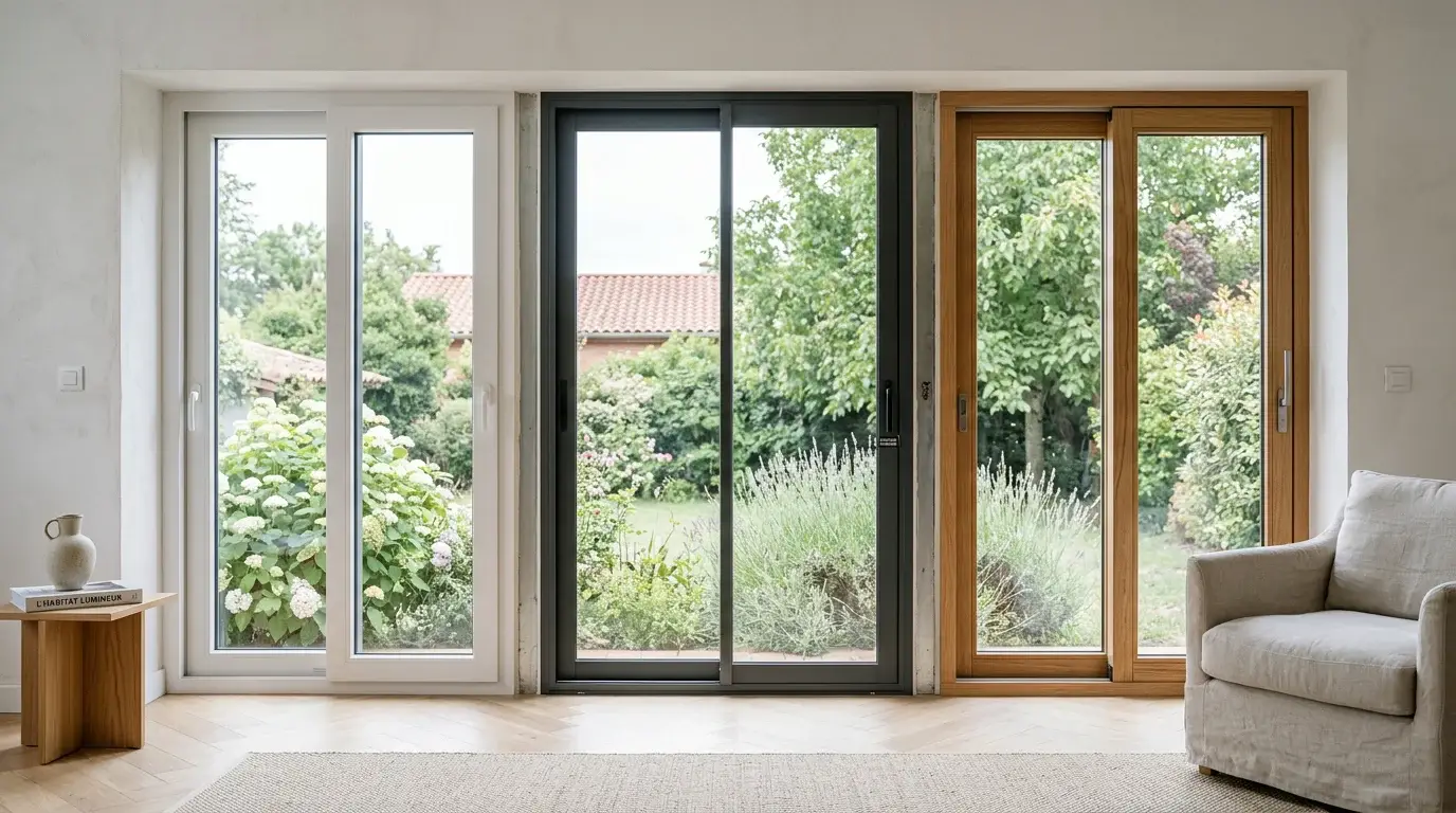Comparaison de trois fenêtres coulissantes en PVC, aluminium et bois dans un salon lumineux