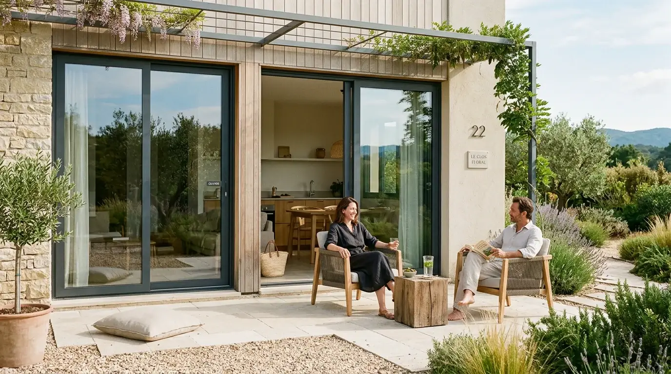 Fenêtres coulissantes gris anthracite sur la façade d'une maison contemporaine avec terrasse