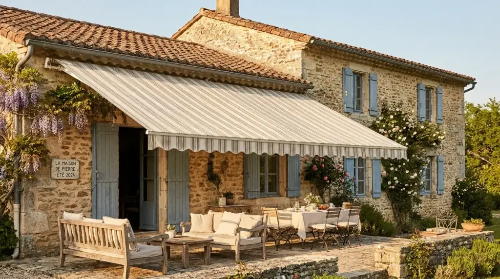 Store banne déployé sur la façade d'une maison française avec terrasse ombragée