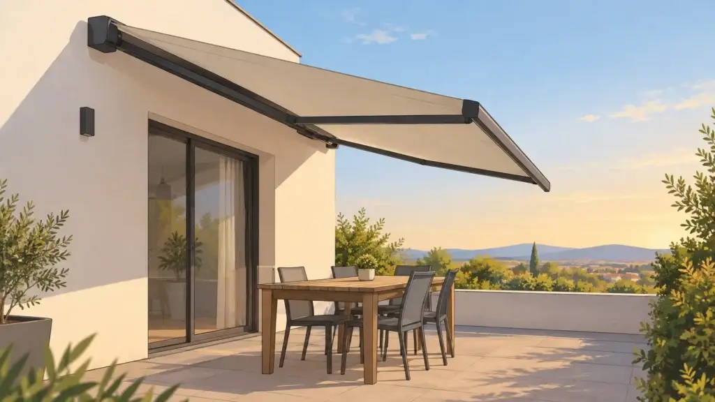 Store banne déployé au-dessus d’une terrasse lumineuse, dans un cadre résidentiel de la Loire.