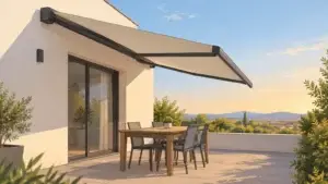 Store banne déployé au-dessus d’une terrasse lumineuse, dans un cadre résidentiel de la Loire.