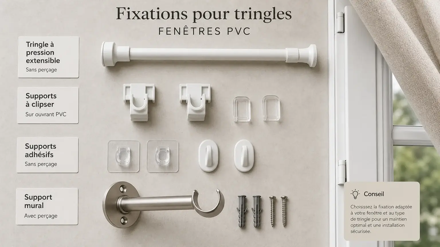 Différents systèmes de fixation de tringle pour fenêtre PVC présentés à plat
