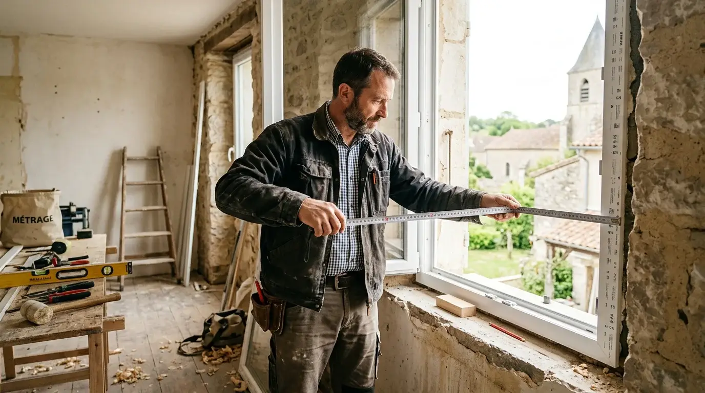 Artisan mesurant une fenêtre PVC lors d'une rénovation