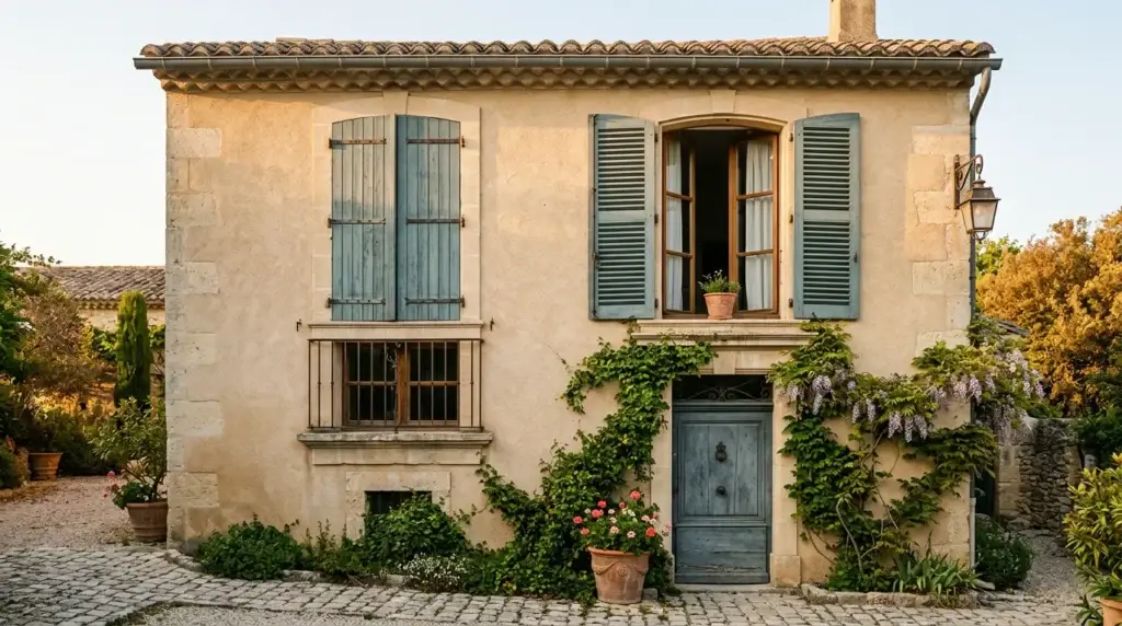 Façade de maison française avec volets pleins et persiennes ajourées