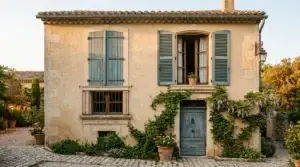 Façade de maison française avec volets pleins et persiennes ajourées