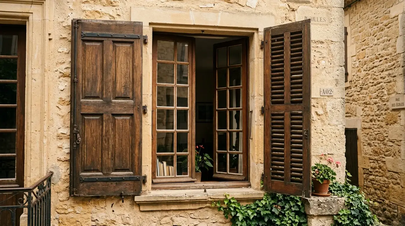 Comparaison entre un volet plein en bois et une persienne à lames ajourées sur une façade française