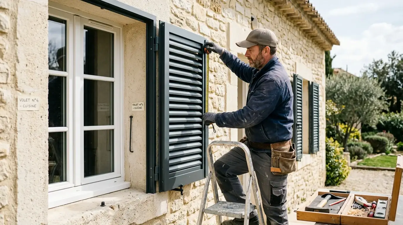 Artisan installant des volets en aluminium sur mesure lors d'une rénovation